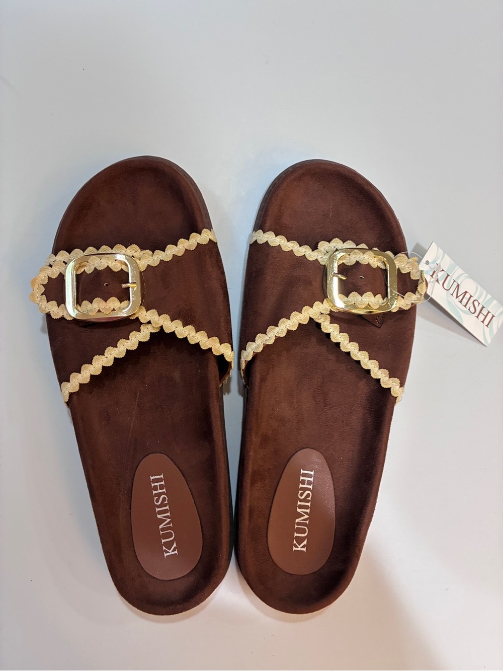 Women's Brown Sandal Slides with Gold Trim